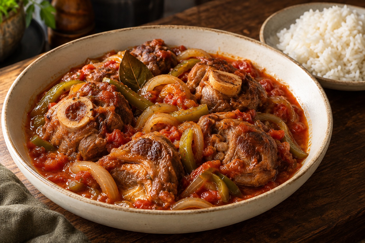 Cuello de cordero en ruedas guisado en salsa criolla con cebolla y pimiento verde; imagen ilustrativa generada.