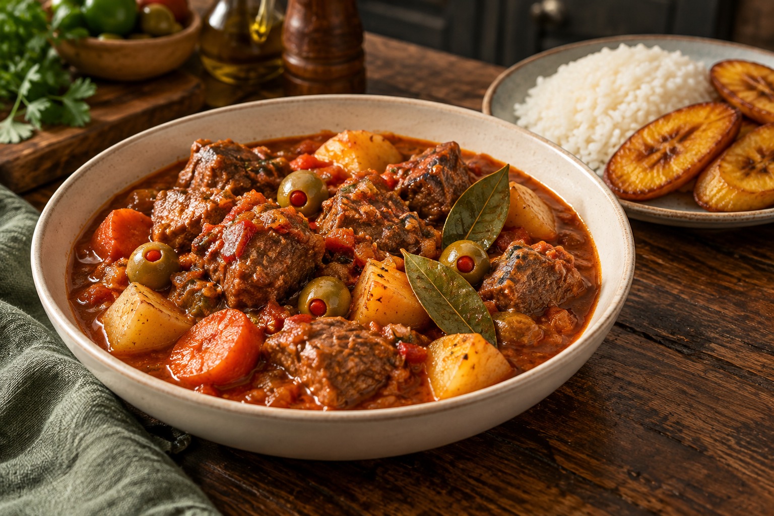 Fricasé de cordero con papas, zanahorias y aceitunas, acompañado de arroz blanco y amarillos; imagen ilustrativa generada.